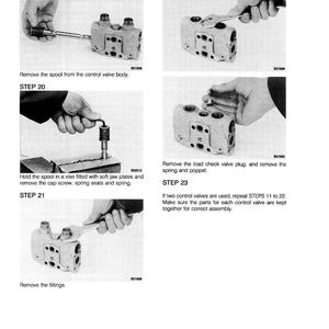 Pode incluir: Um diagrama t&eacute;cnico com instru&ccedil;&otilde;es passo a passo para desmontar e remontar uma v&aacute;lvula de controle. A imagem mostra m&atilde;os usando ferramentas para remover e instalar v&aacute;rios componentes, incluindo um carretel, acess&oacute;rios e uma mola.