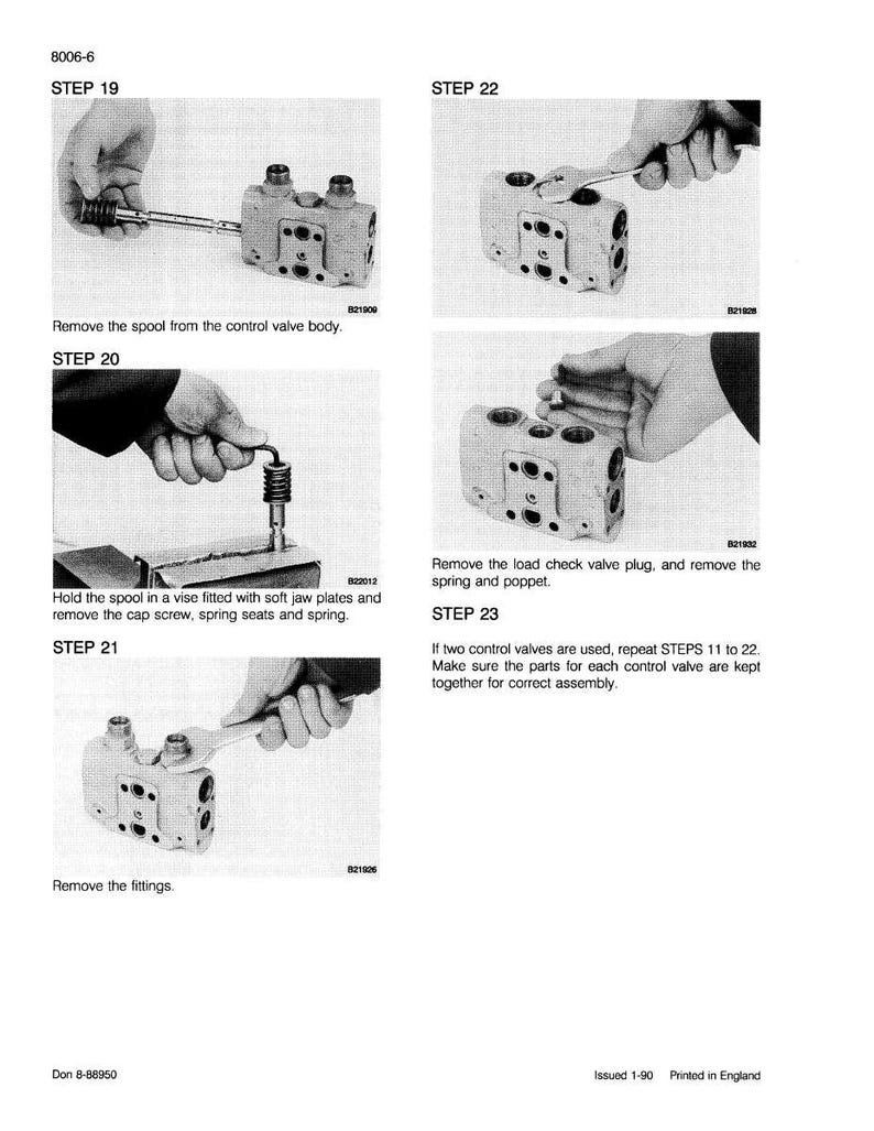 Pode incluir: Um diagrama t&eacute;cnico com instru&ccedil;&otilde;es passo a passo para desmontar e remontar uma v&aacute;lvula de controle. A imagem mostra m&atilde;os usando ferramentas para remover e instalar v&aacute;rios componentes, incluindo um carretel, acess&oacute;rios e uma mola.