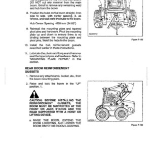 Peut inclure: Une page de manuel technique intitul&eacute;e SECTION 7 - SEAT, CAB, ROPS, BOOM LOCK, BOOM, ATTACHMENT MOUNTING PLATE. Elle comprend des instructions textuelles pour la r&eacute;paration de machines, deux dessins au trait noir et blanc d'un chargeur compact.
