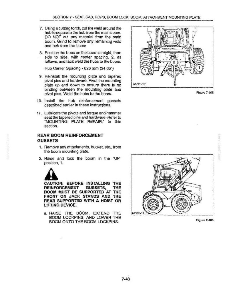 Peut inclure: Une page de manuel technique intitul&eacute;e SECTION 7 - SEAT, CAB, ROPS, BOOM LOCK, BOOM, ATTACHMENT MOUNTING PLATE. Elle comprend des instructions textuelles pour la r&eacute;paration de machines, deux dessins au trait noir et blanc d'un chargeur compact.