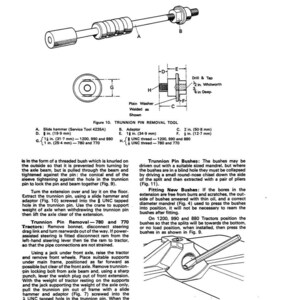 May include: Diagram of a trunnion pin removal tool, including a slide hammer and adaptor, with measurements in inches. The diagram also shows a trunnion pin bush removal process.