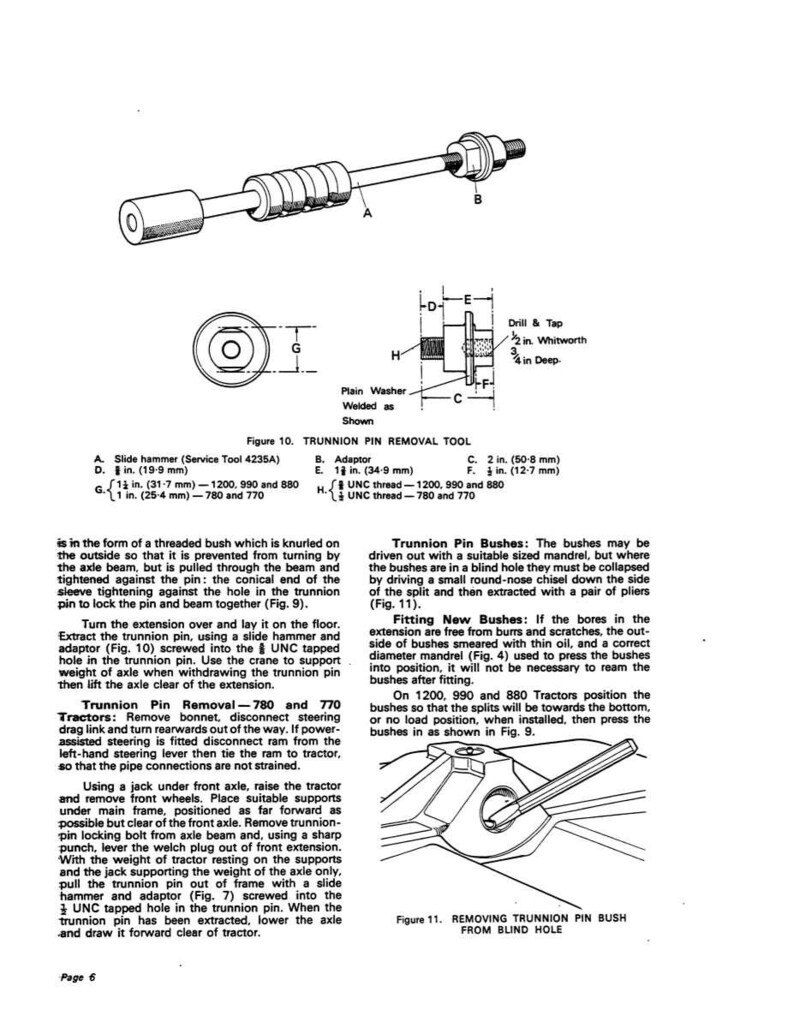 May include: Diagram of a trunnion pin removal tool, including a slide hammer and adaptor, with measurements in inches. The diagram also shows a trunnion pin bush removal process.