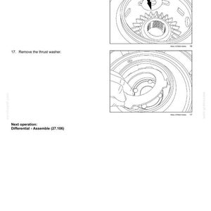 May include: Diagram of a rear axle system with a rear bevel gear set and differential. The image shows the removal of the side gear and thrust washer. Text includes instructions and part numbers.