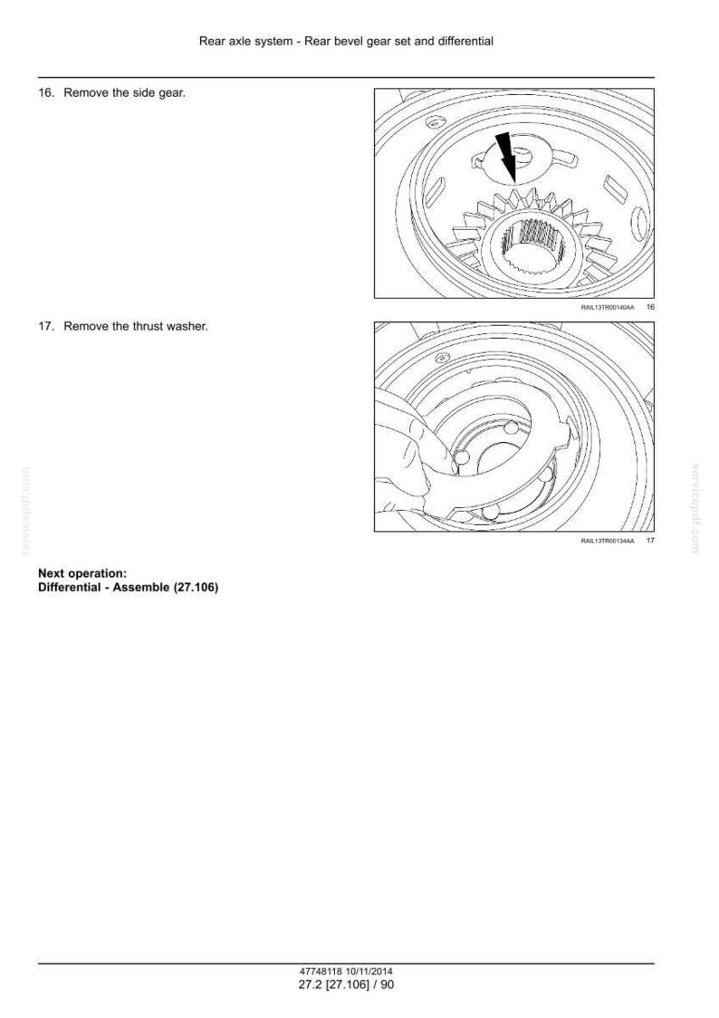 May include: Diagram of a rear axle system with a rear bevel gear set and differential. The image shows the removal of the side gear and thrust washer. Text includes instructions and part numbers.