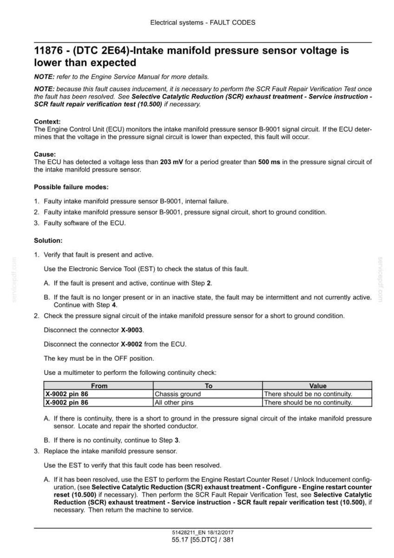 May include: A diagnostic document detailing fault code 11876 (DTC 2E64) related to the intake manifold pressure sensor. Includes troubleshooting steps, possible failure modes, and continuity checks. The text is in black and white.