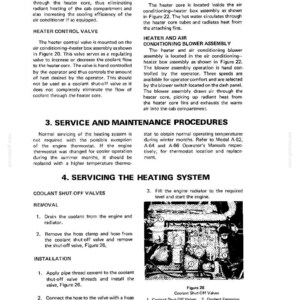 Op de afbeelding: Zwart-wit pagina uit een handleiding over airconditioning- en verwarmingssystemen. De tekst bevat instructies voor het onderhoud van koelmiddelafsluitkleppen. Figuur 26 toont koelmiddelafsluitkleppen en andere componenten.