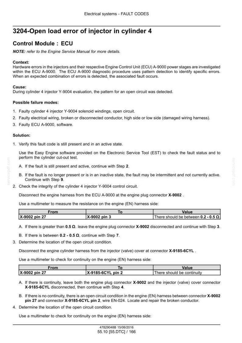 May include: A technical document detailing fault codes for an electrical system, specifically addressing an open load error in injector cylinder 4. Includes troubleshooting steps, resistance measurements, and connector diagrams for automotive repair.