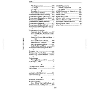 May include: A printed index page from a manual, featuring a list of terms and page numbers. The text is black on a white background, with headings like "Filter Replacement" and "Transmission Operation". The page is from a service manual.