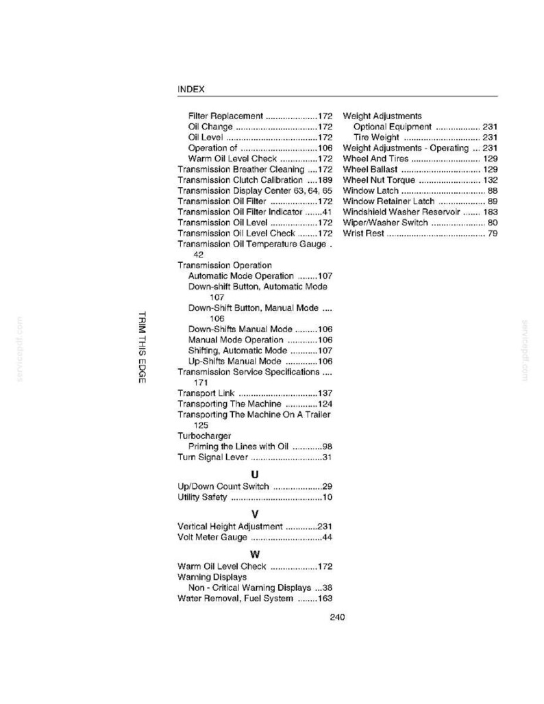 May include: A printed index page from a manual, featuring a list of terms and page numbers. The text is black on a white background, with headings like "Filter Replacement" and "Transmission Operation". The page is from a service manual.