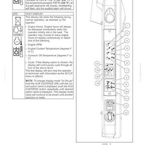 May include: Diagram of a control panel with numbered buttons and a text display. The panel includes a hydraulic fluid temperature bar graph and text display options for engine hours, RPM, and coolant temperature.