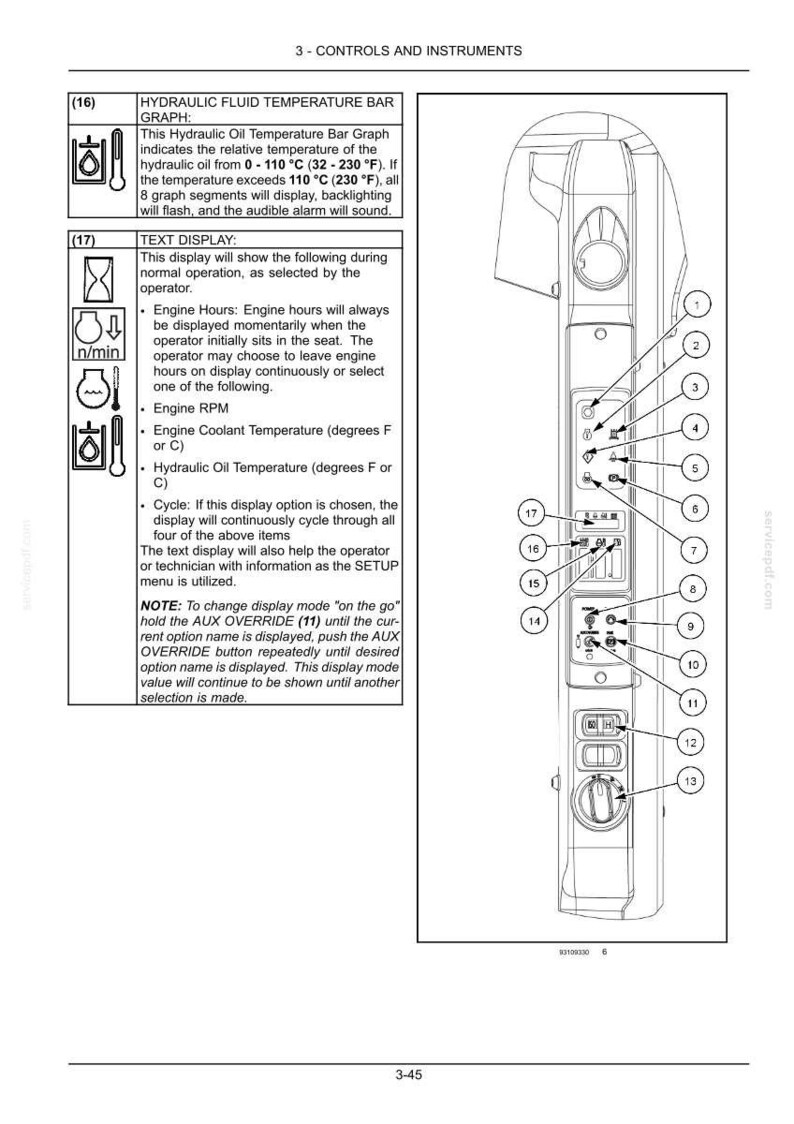 May include: Diagram of a control panel with numbered buttons and a text display. The panel includes a hydraulic fluid temperature bar graph and text display options for engine hours, RPM, and coolant temperature.