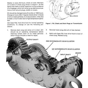 May include: A black and white diagram illustrating the maintenance of a final drive transmission. The image includes labeled components such as the output shaft, input shaft, and gear clusters, along with instructions for oil changes.