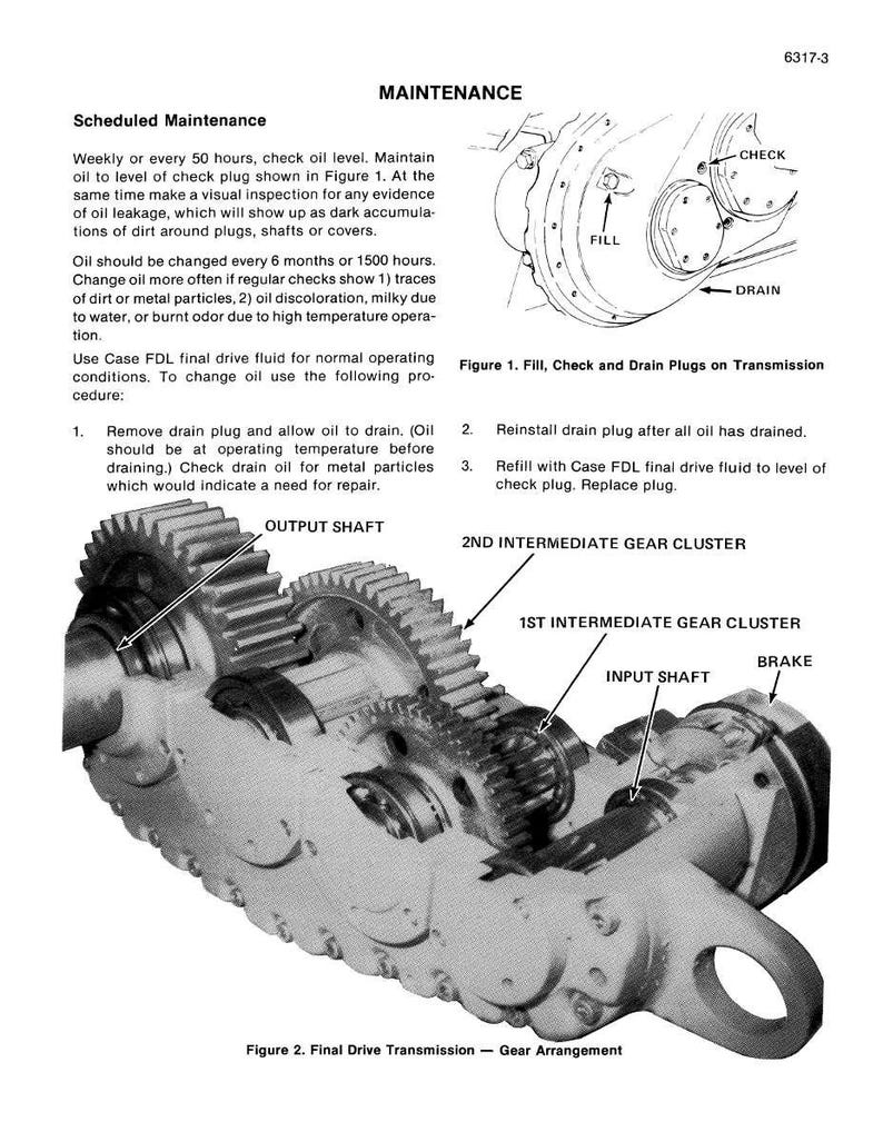 May include: A black and white diagram illustrating the maintenance of a final drive transmission. The image includes labeled components such as the output shaft, input shaft, and gear clusters, along with instructions for oil changes.