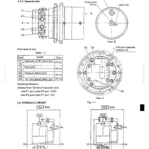 May include: A technical diagram titled Part II: DISASSEMBLING AND ASSEMBLING COMPONENTS 1. TRAVEL MOTOR. It includes a general view, port name and size table, rotational direction notes, and hydraulic circuit diagrams for EU and KAI specifications.