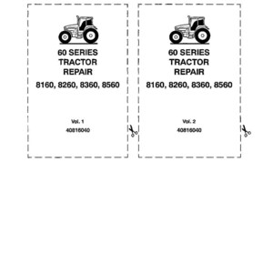 Op de afbeelding: Twee zwart-wit labels voor een tractorreparatiehandleiding. Elk label bevat een tractorillustratie en de tekst: "60 SERIES TRACTOR REPAIR" met modelnummers. De labels zijn gelabeld met "Vol. 1" en "Vol. 2".