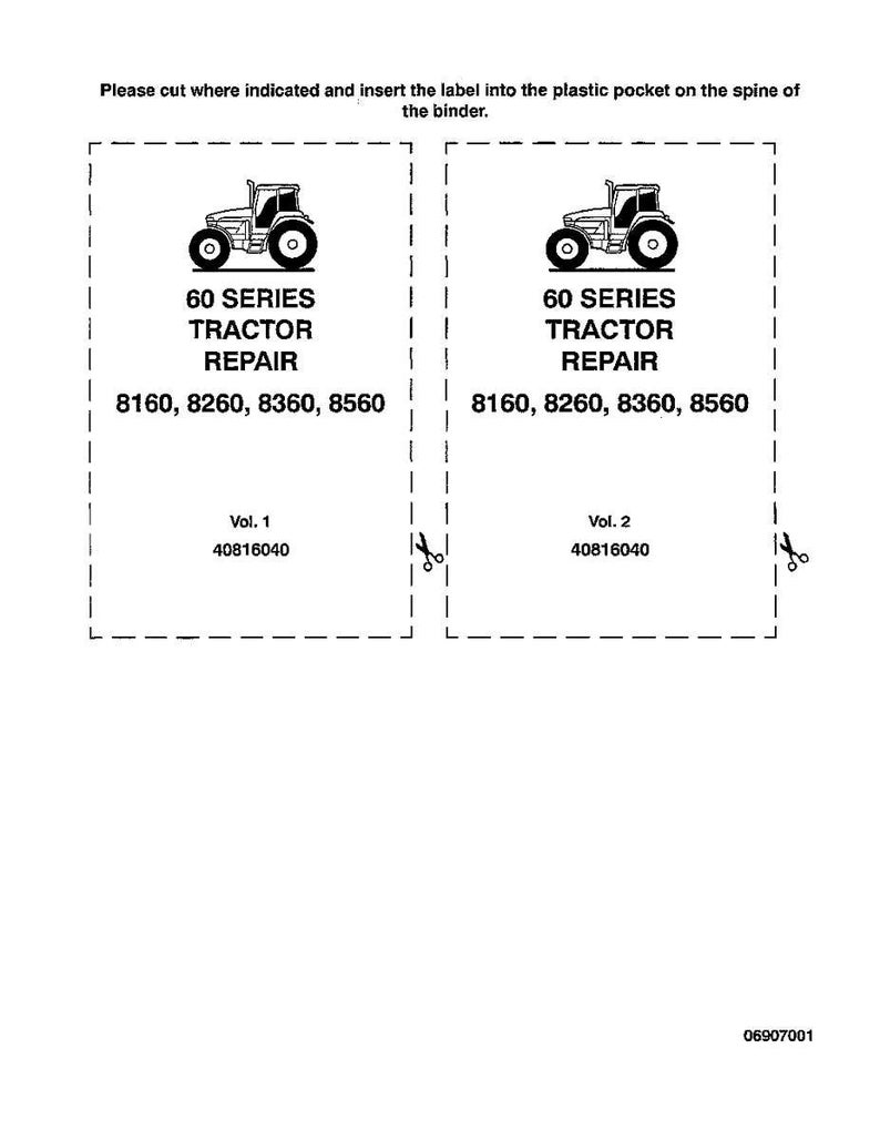 Op de afbeelding: Twee zwart-wit labels voor een tractorreparatiehandleiding. Elk label bevat een tractorillustratie en de tekst: "60 SERIES TRACTOR REPAIR" met modelnummers. De labels zijn gelabeld met "Vol. 1" en "Vol. 2".