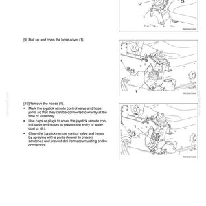 May include: Technical diagram showing automotive components, including a control lever, hoses, and a remote control valve. Instructions detail removing and cleaning parts. The diagram is labeled with numbers for each component.