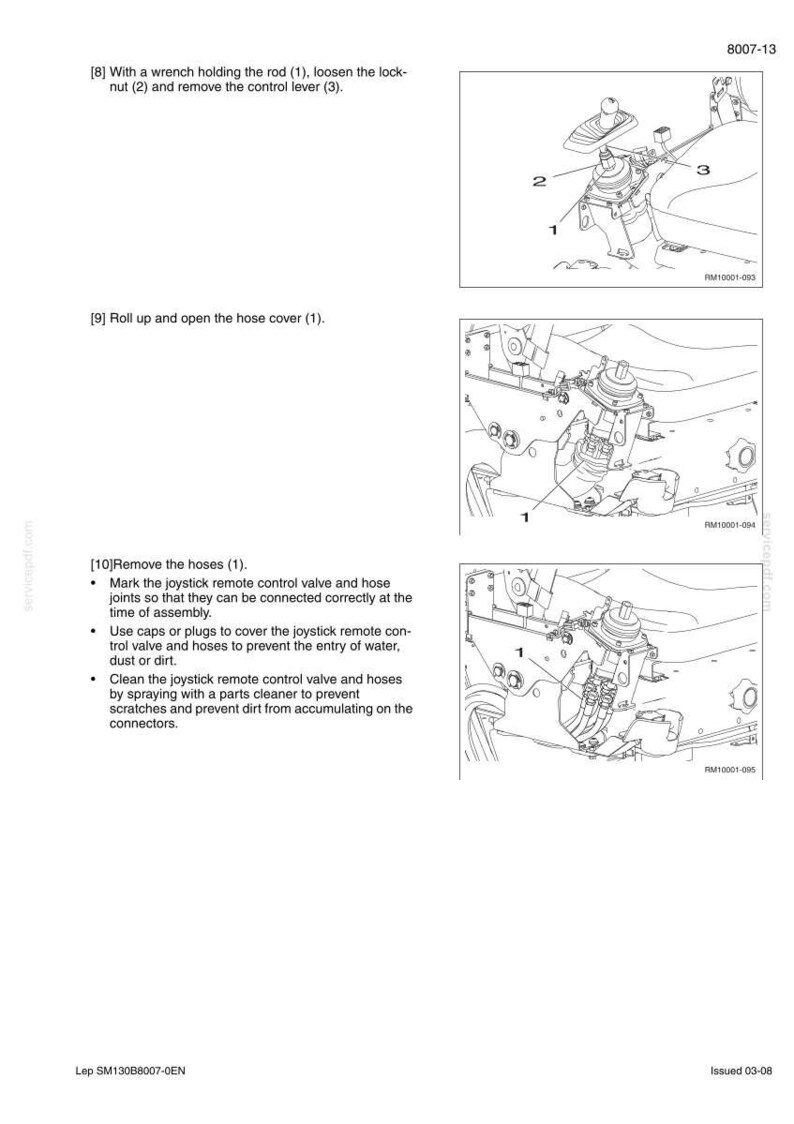 May include: Technical diagram showing automotive components, including a control lever, hoses, and a remote control valve. Instructions detail removing and cleaning parts. The diagram is labeled with numbers for each component.