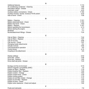 May include: An index page from a manual, with a list of topics and page numbers. The text is black on a white background, organized alphabetically. Topics include engine maintenance, battery checks, and other mechanical procedures.