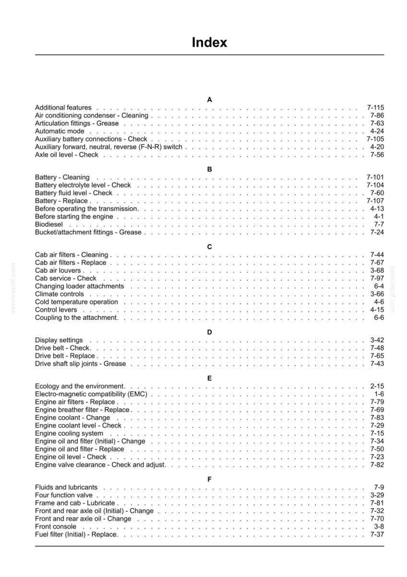 May include: An index page from a manual, with a list of topics and page numbers. The text is black on a white background, organized alphabetically. Topics include engine maintenance, battery checks, and other mechanical procedures.