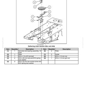 Puede incluir: Diagrama de vista explosionada de un conjunto de cadena de recolecci&oacute;n, que incluye un pi&ntilde;&oacute;n, pernos, tuercas y un deslizador. El diagrama est&aacute; etiquetado con n&uacute;meros de art&iacute;culo y descripciones, como un perno M14 x 1,5 x 67 mm.