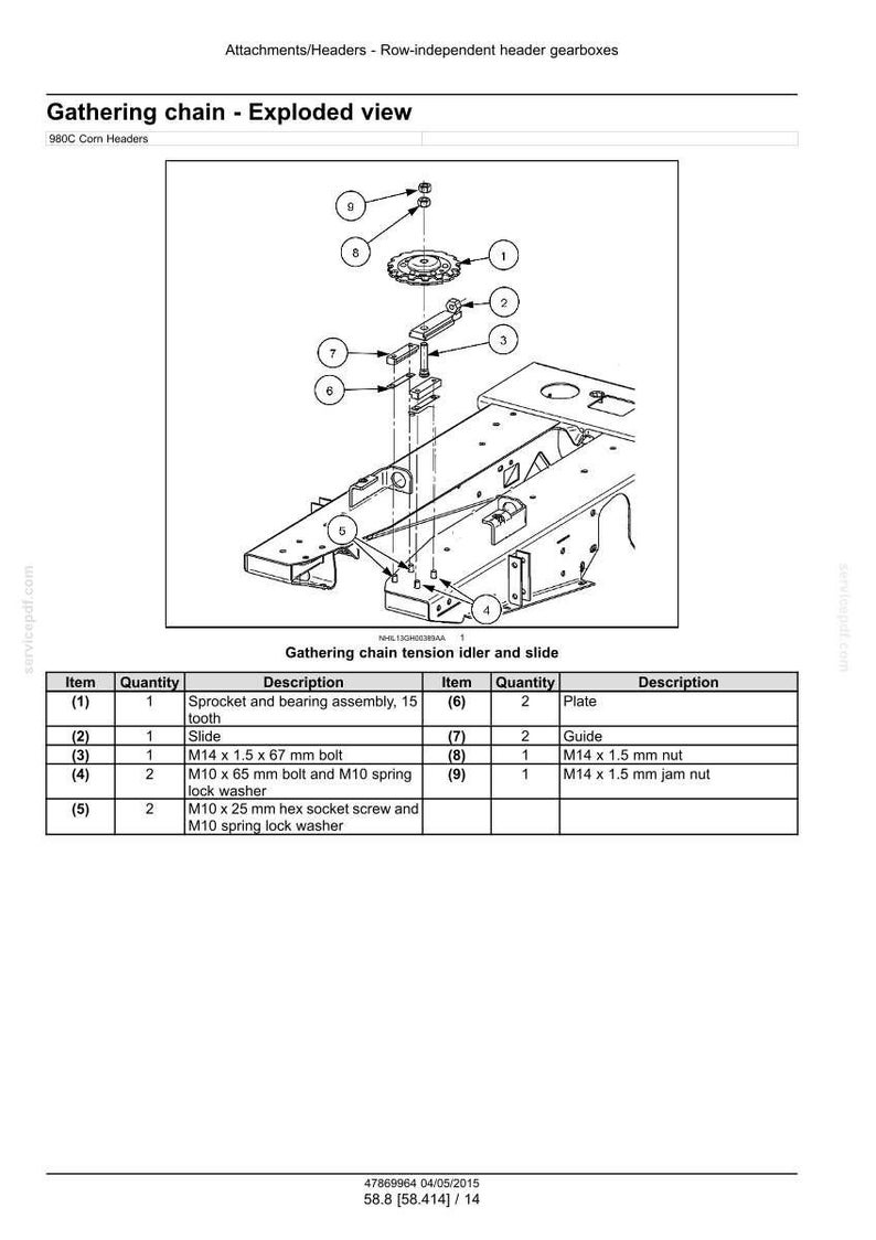 Puede incluir: Diagrama de vista explosionada de un conjunto de cadena de recolecci&oacute;n, que incluye un pi&ntilde;&oacute;n, pernos, tuercas y un deslizador. El diagrama est&aacute; etiquetado con n&uacute;meros de art&iacute;culo y descripciones, como un perno M14 x 1,5 x 67 mm.