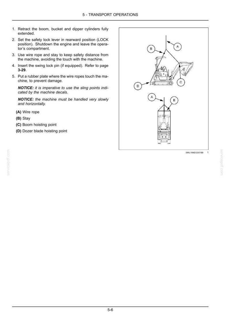 May include: A technical manual page titled 5 - TRANSPORT OPERATIONS detailing instructions for hoisting an excavator. It includes a numbered list of steps, safety notices, and two line-art diagrams showing the machine with labeled points A, B, C, and D.