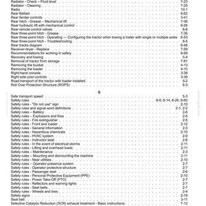 May include: A black and white printed index page from a technical manual, featuring alphabetical entries starting with R and S. The text lists various tractor maintenance, safety, and operational topics with corresponding page numbers on the right.