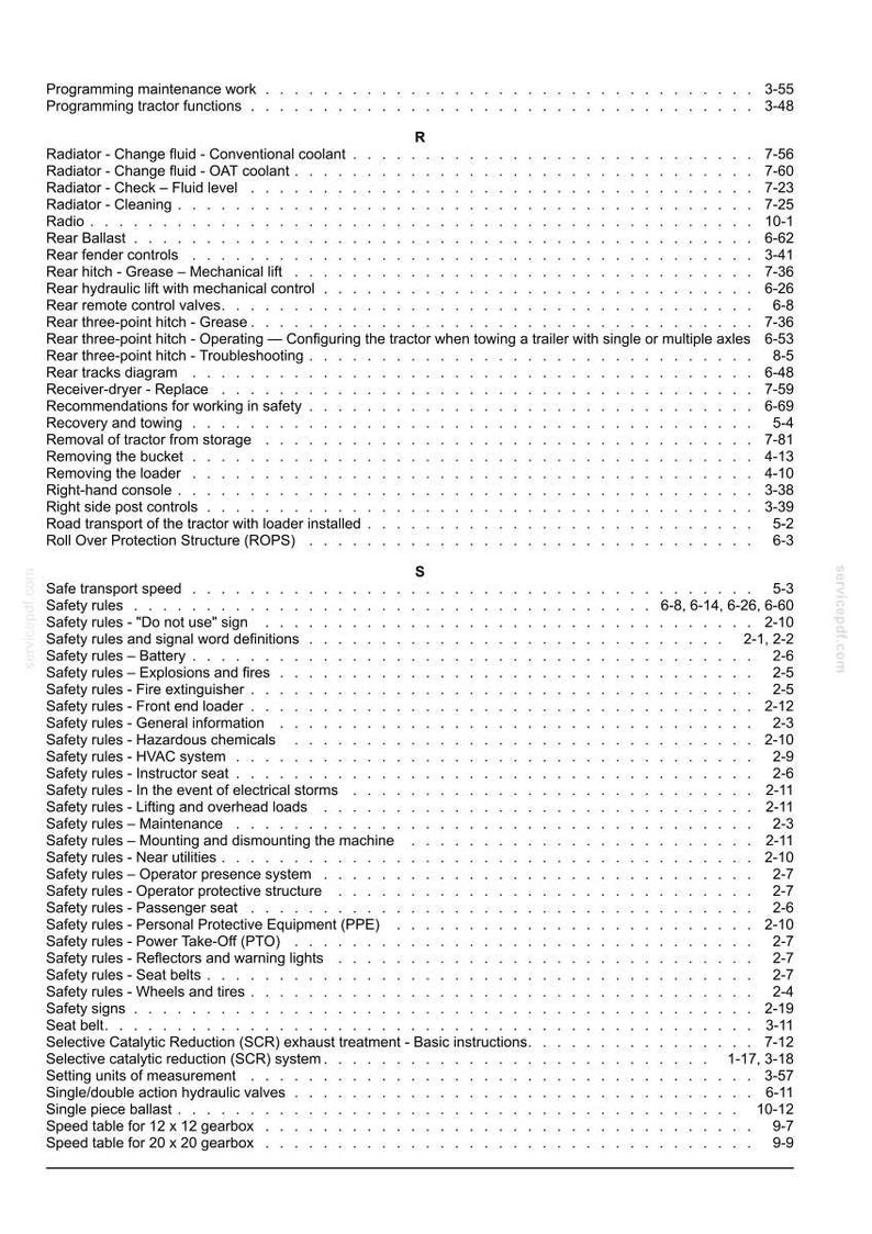 May include: A black and white printed index page from a technical manual, featuring alphabetical entries starting with R and S. The text lists various tractor maintenance, safety, and operational topics with corresponding page numbers on the right.