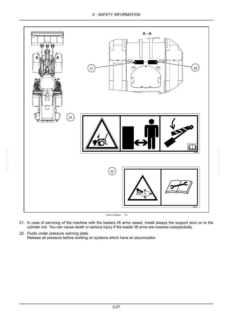 Op de afbeelding: Diagram van een machine met veiligheidsinformatie. Bevat bovenaanzichten en zijaanzichten van de machine, samen met veiligheidssymbolen en tekstwaarschuwingen. De tekst luidt "2 - SAFETY INFORMATION".