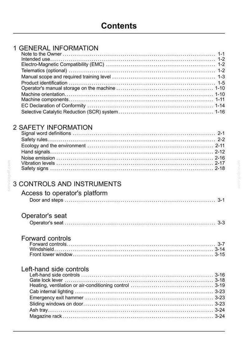 May include: A detailed table of contents from a manual, with sections on general information, safety, and controls. The text is black on a white background, with page numbers and section titles.
