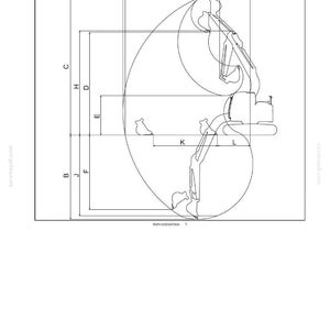 May include: A technical line drawing labeled 8 - SPECIFICATIONS showing the operational range of an excavator. The diagram features black outlines on a white background with various dimensions marked by letters A, A', B, C, D, E, F, G, H, J, K, and L.