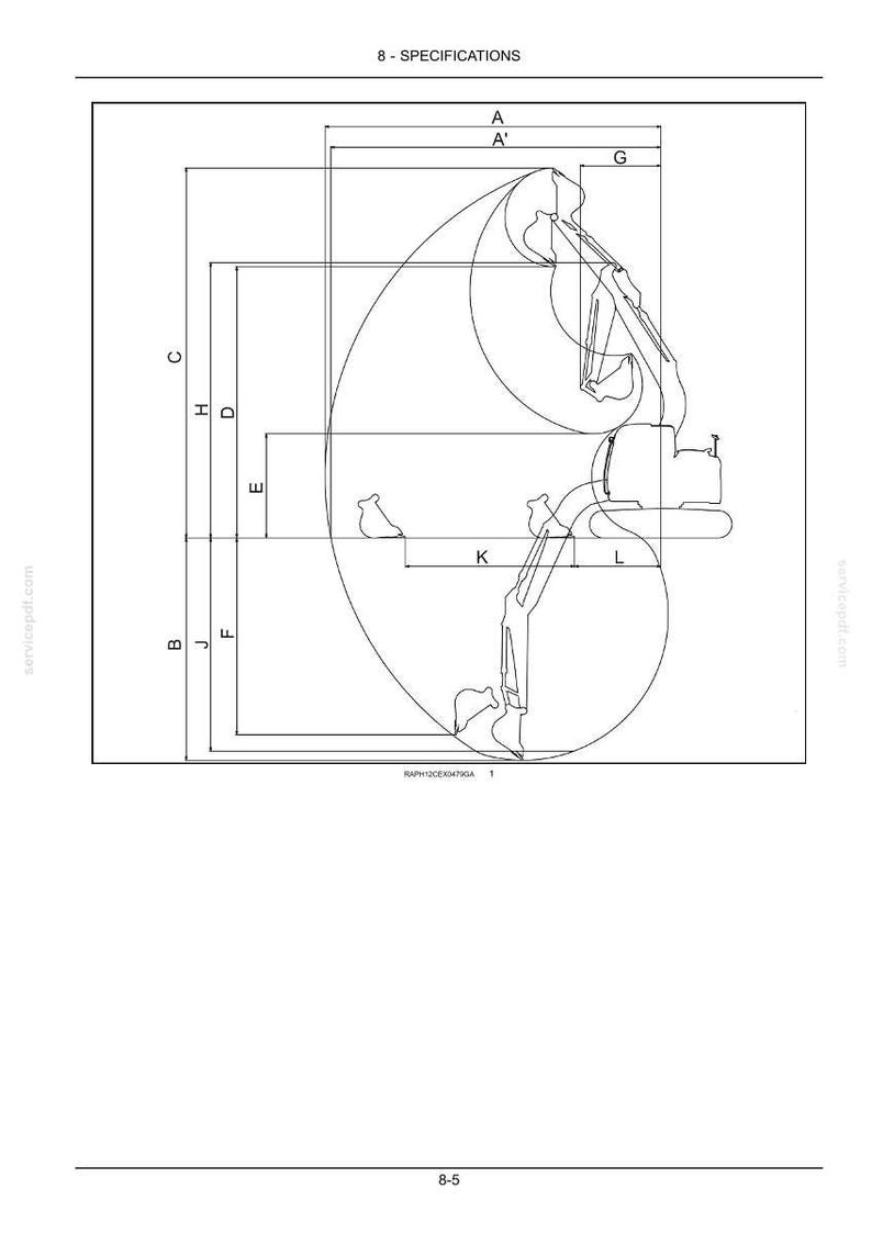 May include: A technical line drawing labeled 8 - SPECIFICATIONS showing the operational range of an excavator. The diagram features black outlines on a white background with various dimensions marked by letters A, A', B, C, D, E, F, G, H, J, K, and L.