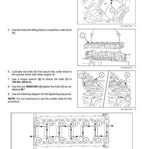 May include: Diagram of an engine crankshaft and flywheel, with numbered illustrations detailing assembly steps. Includes torque wrench instructions and a tightening sequence diagram for crankshaft journal clearance.