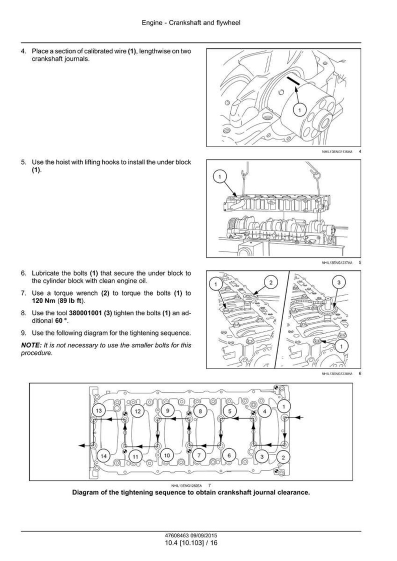 May include: Diagram of an engine crankshaft and flywheel, with numbered illustrations detailing assembly steps. Includes torque wrench instructions and a tightening sequence diagram for crankshaft journal clearance.