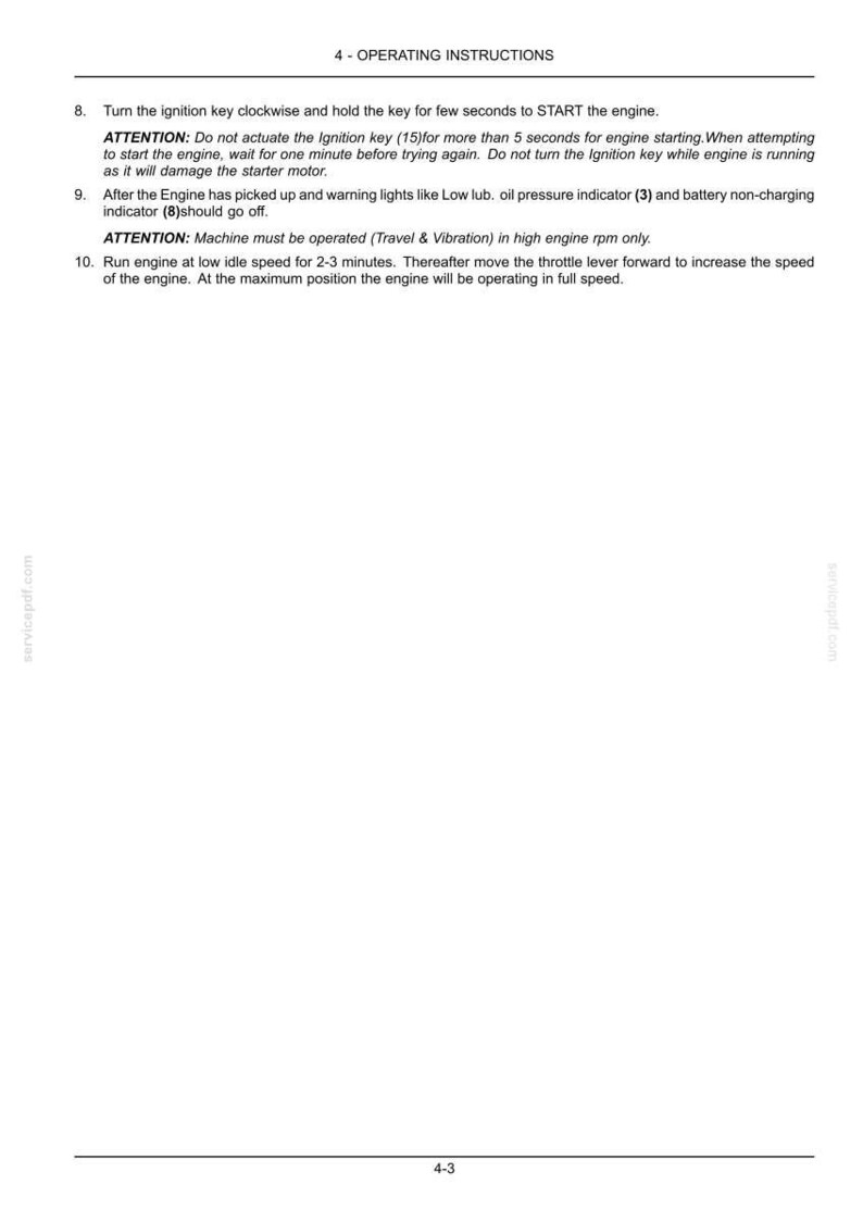 Puede incluir: Una p&aacute;gina de un manual de instrucciones con el t&iacute;tulo "4 - INSTRUCCIONES DE FUNCIONAMIENTO". El texto describe c&oacute;mo arrancar un motor, incluyendo advertencias sobre la llave de encendido y el funcionamiento del motor.