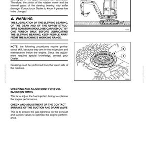 May include: Diagram from a maintenance manual showing a small excavator and internal engine components. The text describes procedures for greasing, lubrication, and adjustments to optimize engine performance.