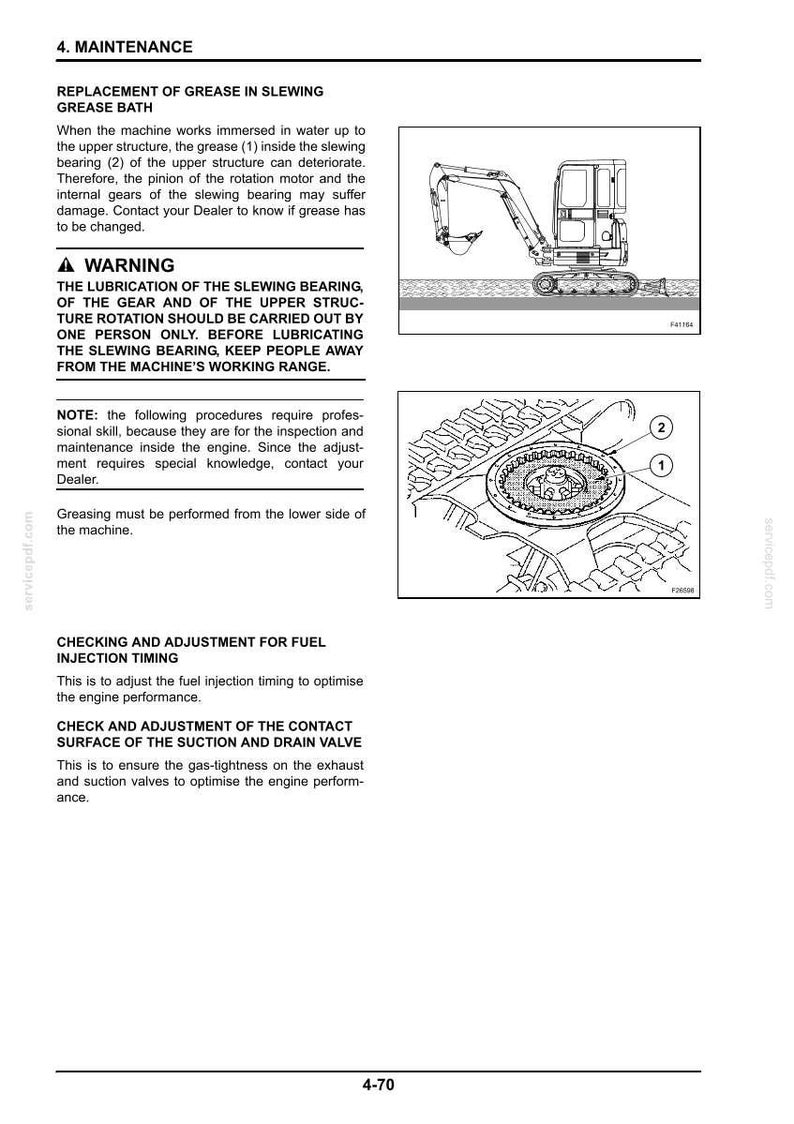 May include: Diagram from a maintenance manual showing a small excavator and internal engine components. The text describes procedures for greasing, lubrication, and adjustments to optimize engine performance.
