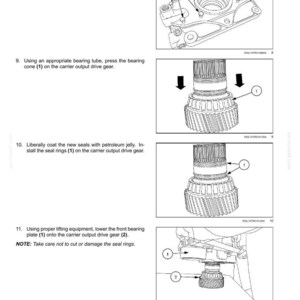 May include: Diagram of continuously variable transmission (CVT) internal components. Instructions include installing cover bolts, pressing bearing cones, coating seals, and lowering bearing plates. Text includes torque specifications in Newton-meters and foot-pounds.