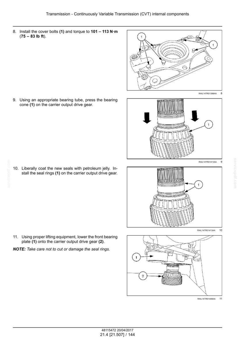 May include: Diagram of continuously variable transmission (CVT) internal components. Instructions include installing cover bolts, pressing bearing cones, coating seals, and lowering bearing plates. Text includes torque specifications in Newton-meters and foot-pounds.