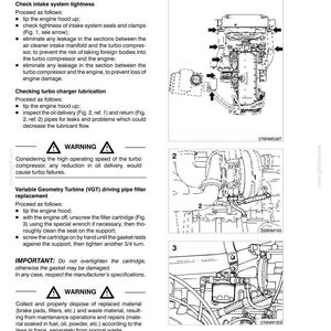 Pu&ograve; includere: Pagina di un manuale di manutenzione con diagrammi e istruzioni per il sistema di aspirazione dell'aria di un veicolo. I diagrammi mostrano i componenti del motore, tra cui il turbocompressore e il filtro. Il testo include avvertenze.