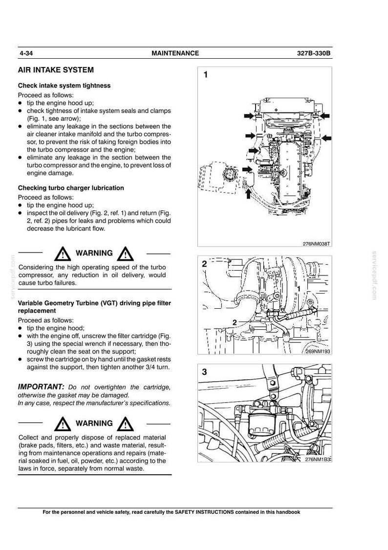Pu&ograve; includere: Pagina di un manuale di manutenzione con diagrammi e istruzioni per il sistema di aspirazione dell'aria di un veicolo. I diagrammi mostrano i componenti del motore, tra cui il turbocompressore e il filtro. Il testo include avvertenze.