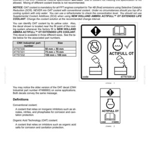 May include: A technical document page titled Organic Acid Technology (OAT) coolant, featuring text instructions, a table listing part numbers with sizes 50 mm x 50 mm to 100 mm x 100 mm, and two black and white graphic decals showing coolant usage.