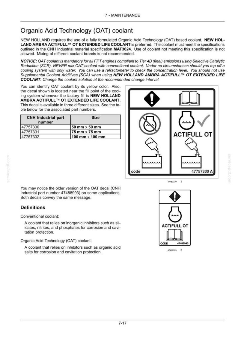 May include: A technical document page titled Organic Acid Technology (OAT) coolant, featuring text instructions, a table listing part numbers with sizes 50 mm x 50 mm to 100 mm x 100 mm, and two black and white graphic decals showing coolant usage.