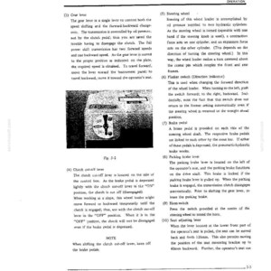 May include: A technical manual page titled Operation, featuring a black and white diagram labeled Fig. 3-2. The image shows a control box with a vertical lever set between OFF and ON positions, accompanied by descriptive text regarding gear and brake levers.