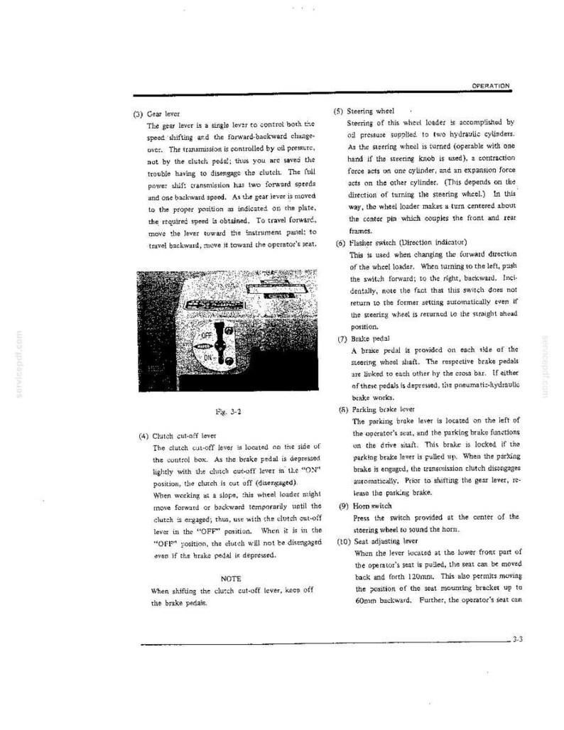 May include: A technical manual page titled Operation, featuring a black and white diagram labeled Fig. 3-2. The image shows a control box with a vertical lever set between OFF and ON positions, accompanied by descriptive text regarding gear and brake levers.