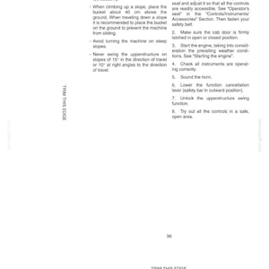 May include: A white page with black text detailing operating instructions and operational steps for a machine. The text includes safety precautions and procedural guidance. The page also has the text "Trim This Edge".