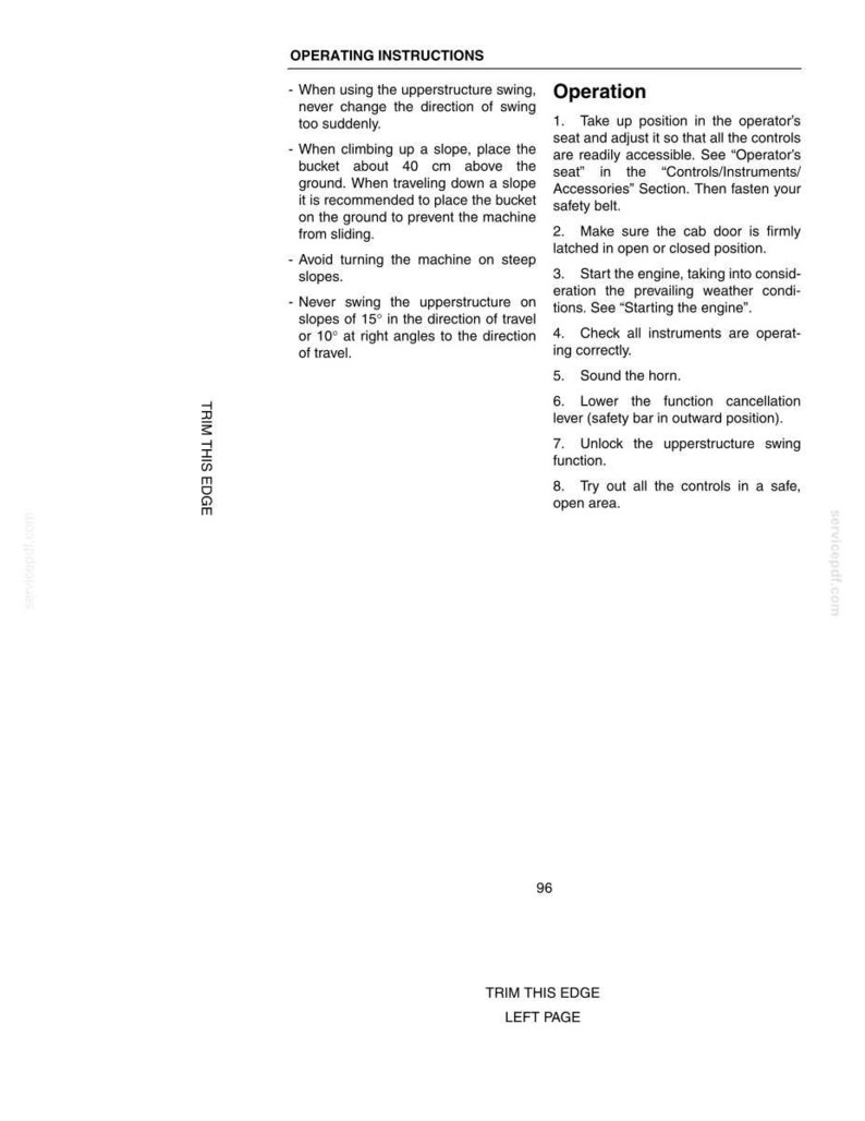 May include: A white page with black text detailing operating instructions and operational steps for a machine. The text includes safety precautions and procedural guidance. The page also has the text "Trim This Edge".