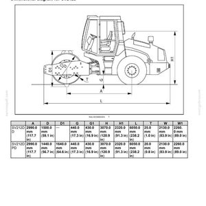 May include: Diagram of an SV212D compactor, with dimensions in mm and inches. Includes measurements for A, D, D1, G, G1, H, H1, L, T, W, and W1. The diagram is labeled with the introduction.