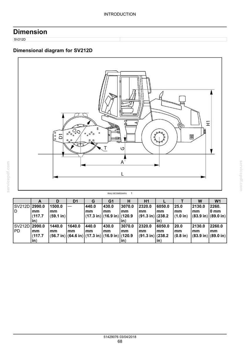 May include: Diagram of an SV212D compactor, with dimensions in mm and inches. Includes measurements for A, D, D1, G, G1, H, H1, L, T, W, and W1. The diagram is labeled with the introduction.